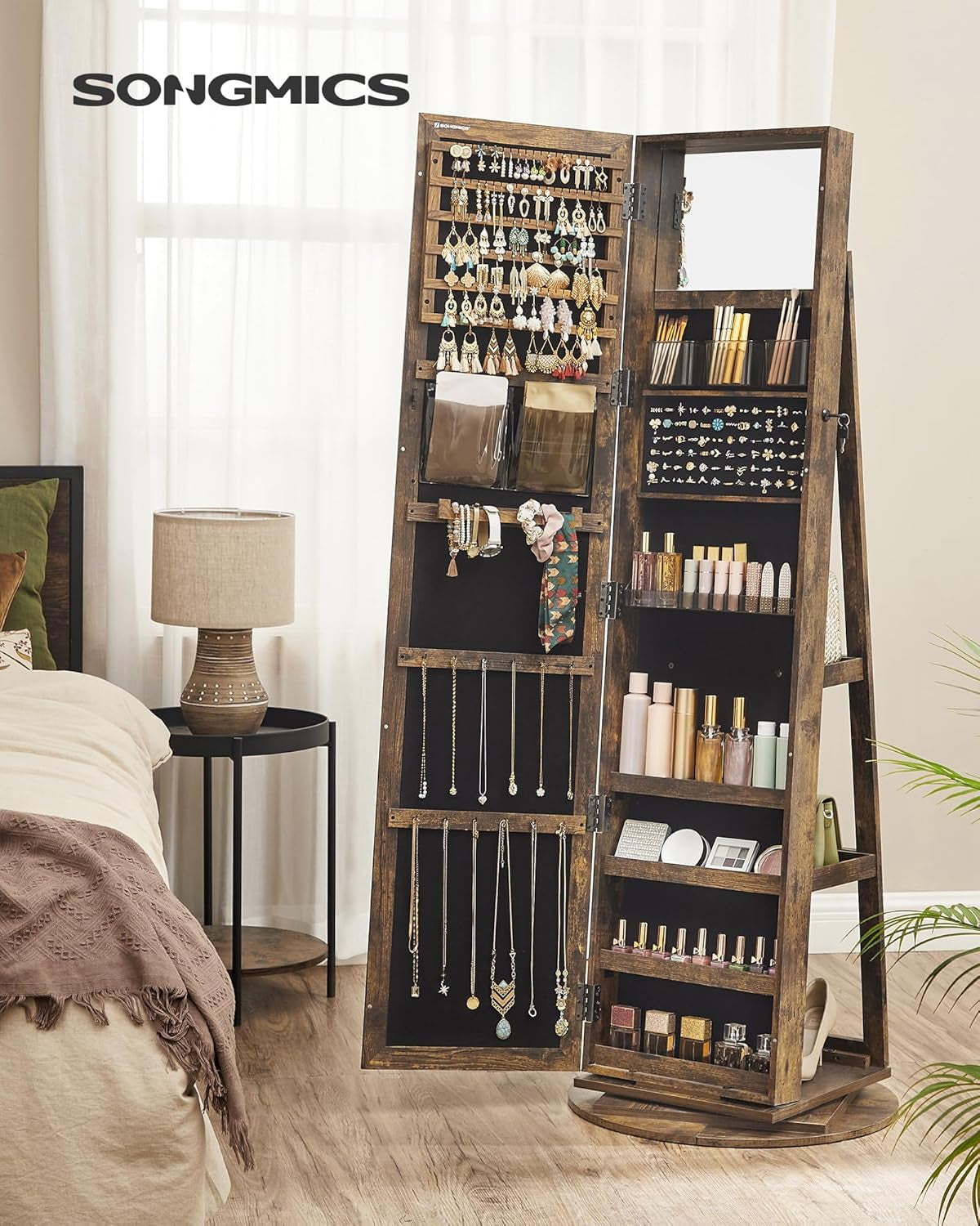 360° Swivel Jewelry Cabinet, Lockable Jewelry Organizer with Full-Length Mirror, Rear Storage Shelves, Interior Mirror, Jewelry Armoire, Gift Idea, Rustic Brown UJJC006X01