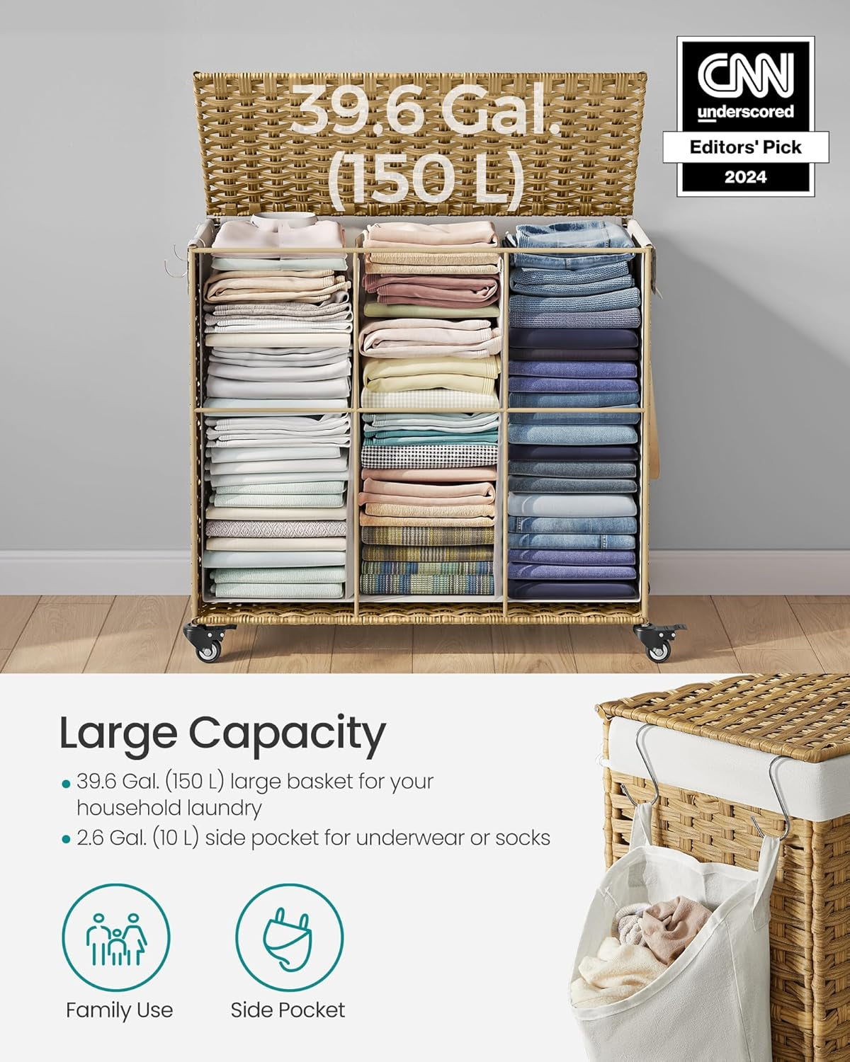 Laundry Hamper with Lid, 42.3 Gallons (160 L), Rolling Laundry Basket with Wheels, 3-Section Synthetic Rattan, Removable Liner, Bedroom, 27.6 X 14.2 X 26 Inches, Natural ULCB365N01