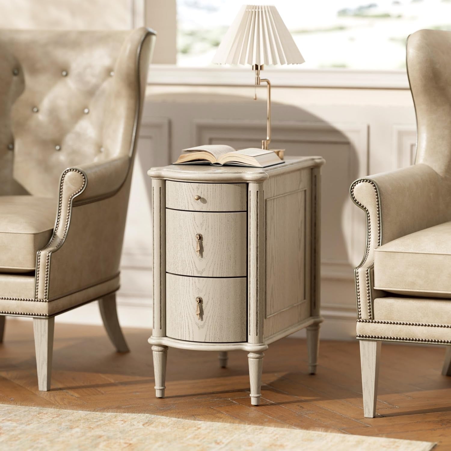 Nightstand W/Charging Station & 3 Drawers, Pre-Assembled, Vintage Side Table W/Antique-Finished Pulls, Rustic Wood Finish, Narrow End Table W/Turned Legs for Bedroom (1, Antique Grey)