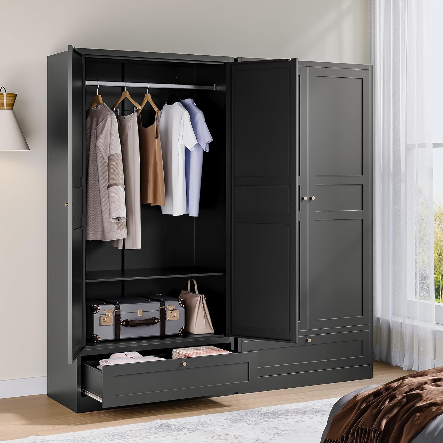 Metal Armoire Wardrobe Closet with 2 Doors 72'' Wardrobe Cabinet with Drawers and Hanging Rail Metal Closet with Adjustable Shelves for Bedroom. (Black, with 1Drawer)