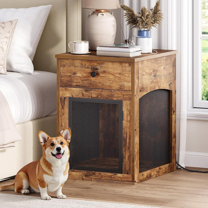 Dog Crate Furniture, Dog Kennel with Drawer and Charging Station, Indoor Decorative Puppy House, Wooden Pet Crate End Table for Small Dogs, Rustic Brown and Black BF58UGW03G1