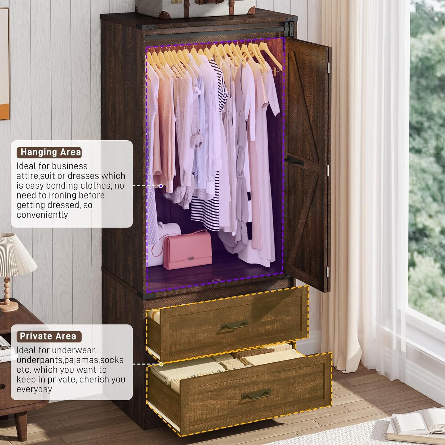 Farmhouse 2 Doors Armoire Wardrobe Closet W/Folding Sliding Barn Door and Lights, LED Armoire Closet W/Drawers for Bedroom, Freestanding Wooden Wardrobe Storage Closet W/Hanging Rod,Rustic Brown