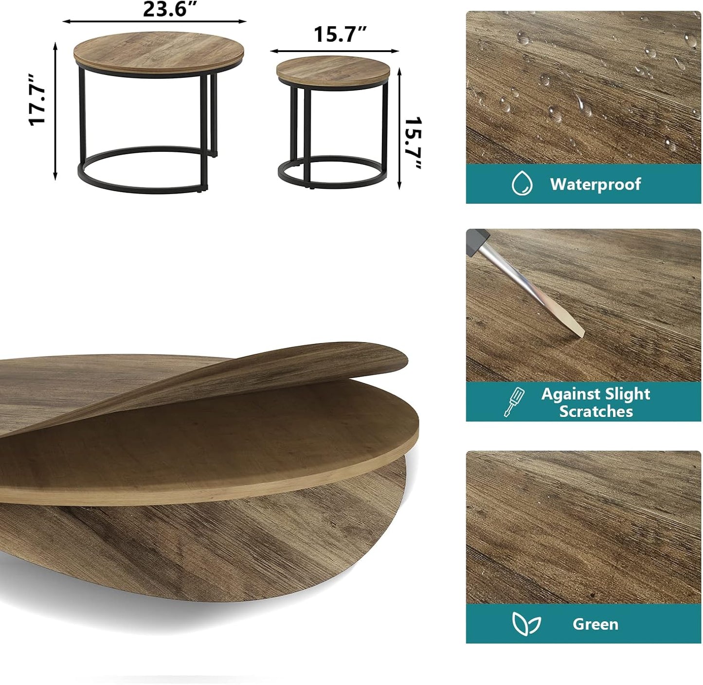 Nesting Coffee Table Set of 2, 23.6" round Coffee Table Wood Grain Top with Adjustable Non-Slip Feet, Industrial End Table Side Tables for Living Room Bedroom Balcony Yard