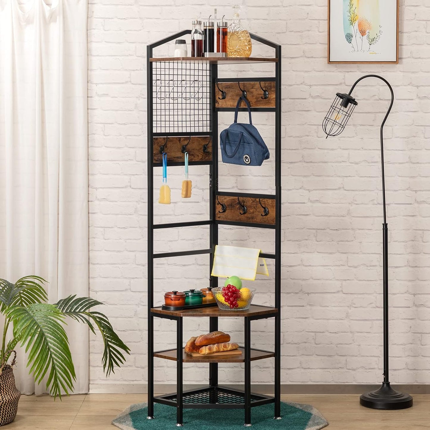 4-Tier Corner Industrial Hall Tree, Freestanding Entryway Coat Storage Rack with Hooks and Wooden Storage Shelves, Black