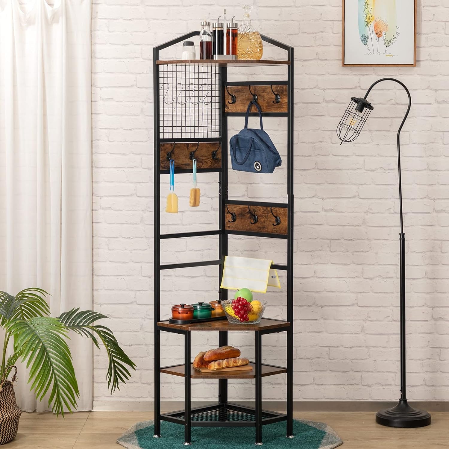 4-Tier Corner Industrial Hall Tree, Freestanding Entryway Coat Storage Rack with Hooks and Wooden Storage Shelves, Black