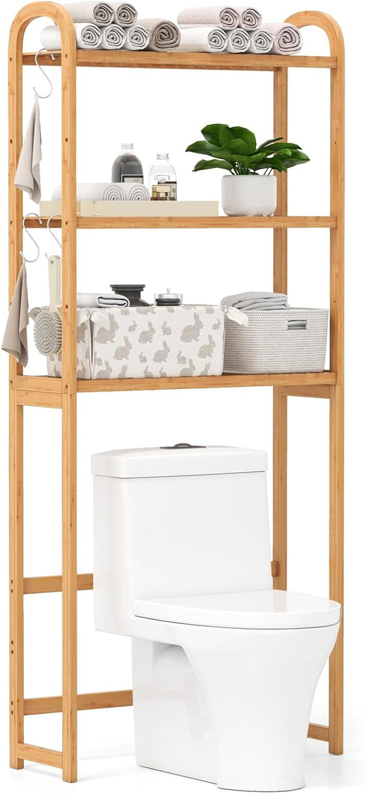 over the Toilet Storage, 3-Tier Bamboo Toilet Rack with 5-Position Shelves, 3 Hooks, Adjustable Bottom Bar, Freestanding Bathroom Shelf Organizer for Laundry Room, Space Saver, Natural