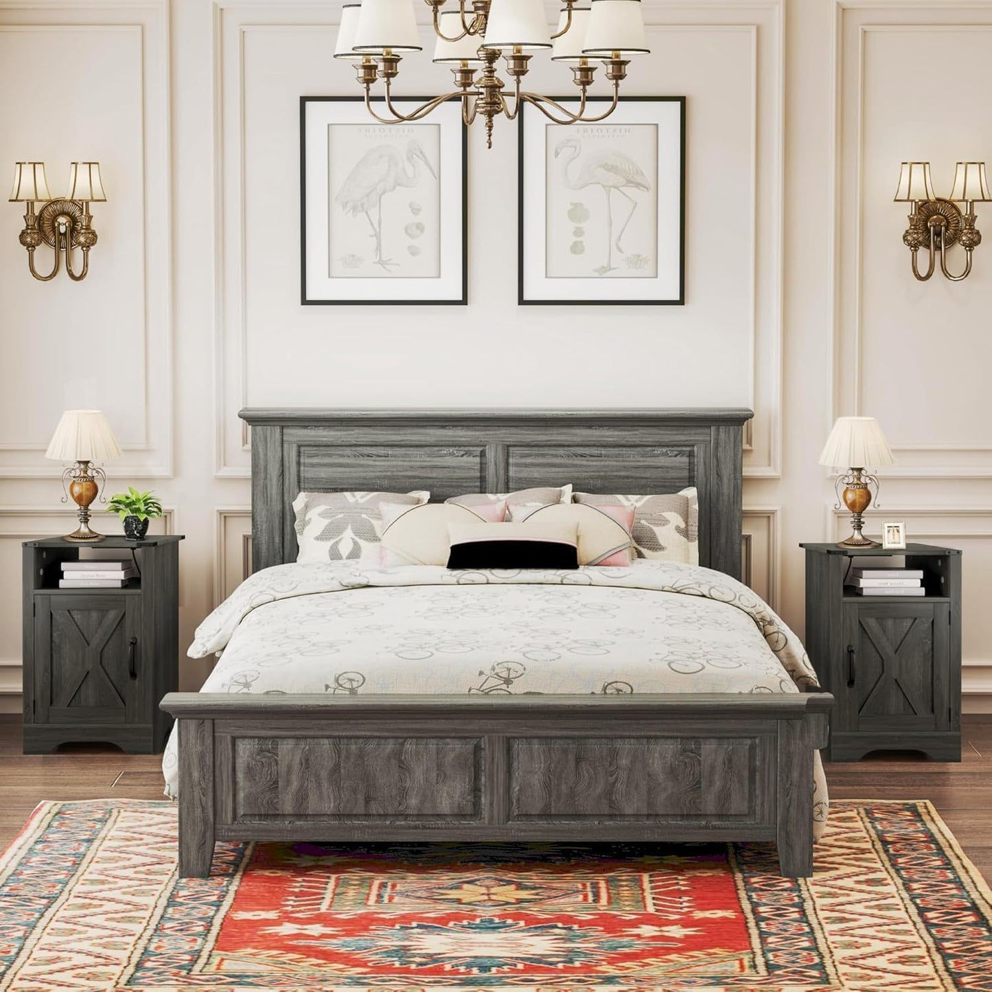 Farmhouse Nightstand, End Table with LED Lights and Charging Station, Tall Bedside Table with Large Storage and Shelf, Wooden Side Table for Bedroom, Home Office, Dark Grey