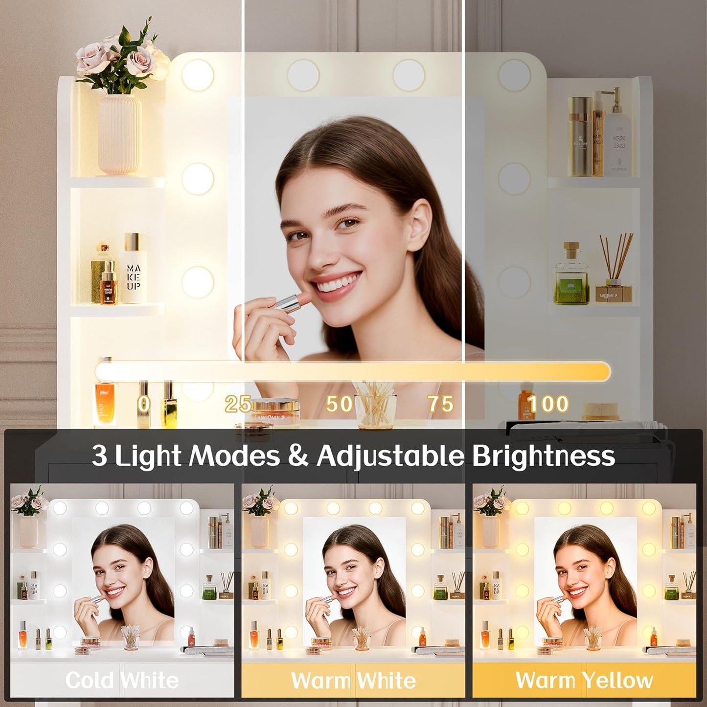 Vanity Desk with Lighted Mirror and Power Outlets, Makeup Vanity Set with Storage Drawer, Shelves and Chair, White Dressing Table with 3 Color Lighting Modes for Bedroom