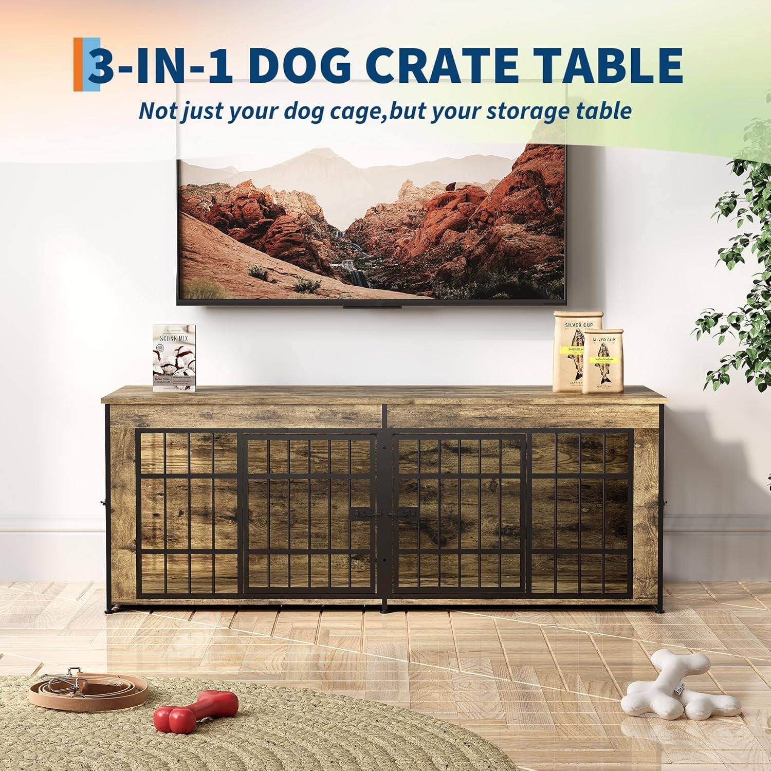 63" Heavy Duty Dog Crate Furniture, Dog Cage Furniture with Divider,Wooden Kennel Indoor TV Stand End Table for Large/Medium Dogs, Rustic Brown