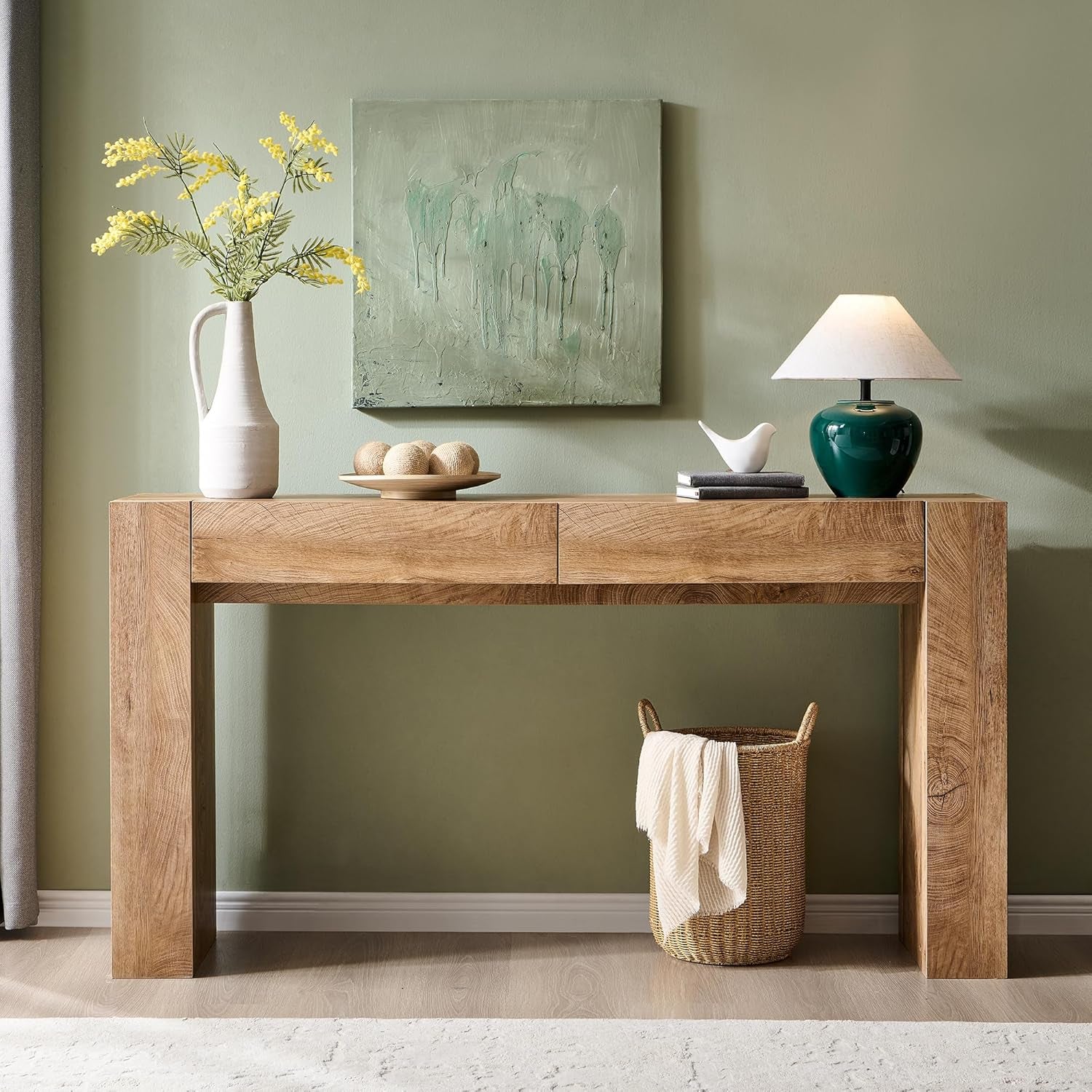 Modern Entryway Console Table, Sofa Table with Drawers, 63" Long Hall Table behind Couch, Thick Wood Design for Living Room, Hallway - Light Knotty Oak