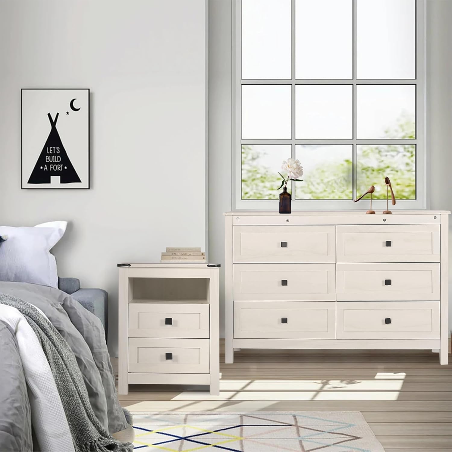 Farmhouse Bedroom Set, 3 Pieces Bedroom Furniture Set, Rustic Wood 6 Drawer Dresser and Nightstands, Chest of Drawers Wide Storage Organizer Cabinet for Bedroom