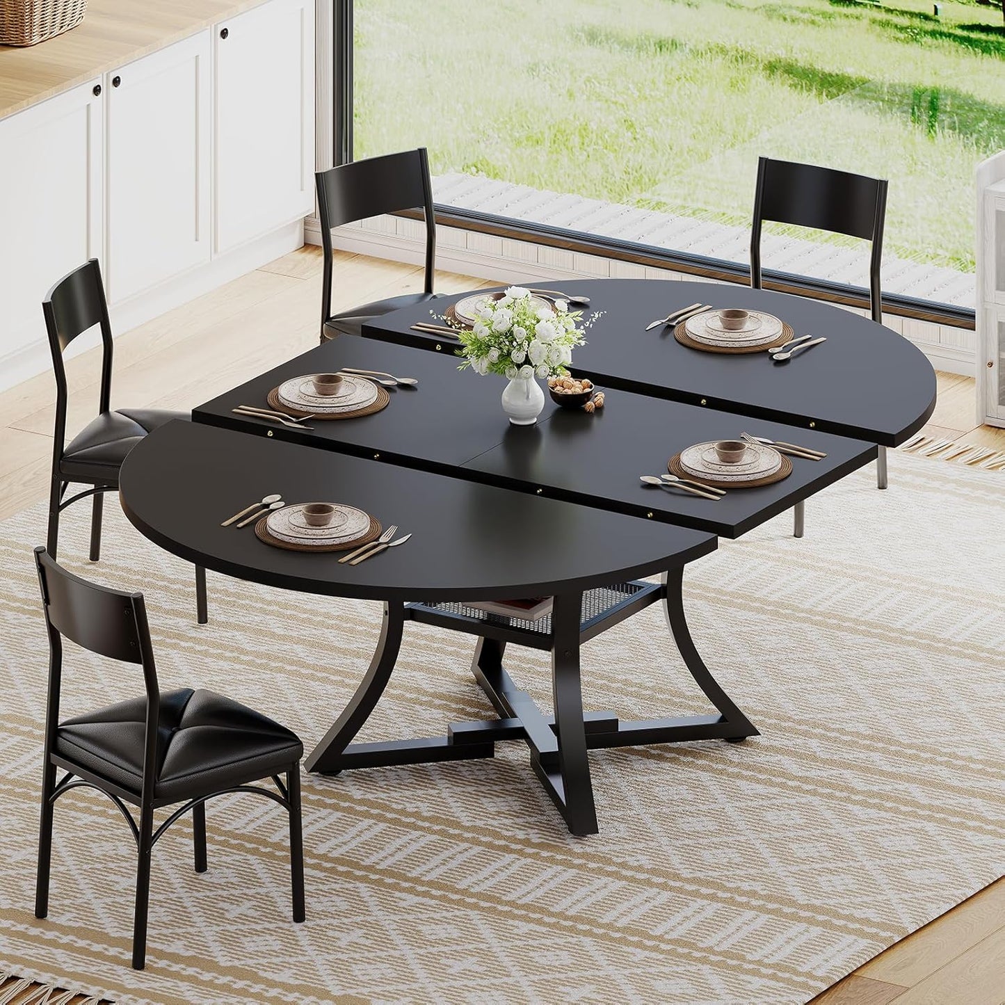 round Extendable Dining Table Set for 4-6 People, 5-Piece Kitchen Table Set with 4 Cushion Chairs, Dining Room Table for 6 with MDF Board & Metal Frame for Small Space, Easy Clean, Black