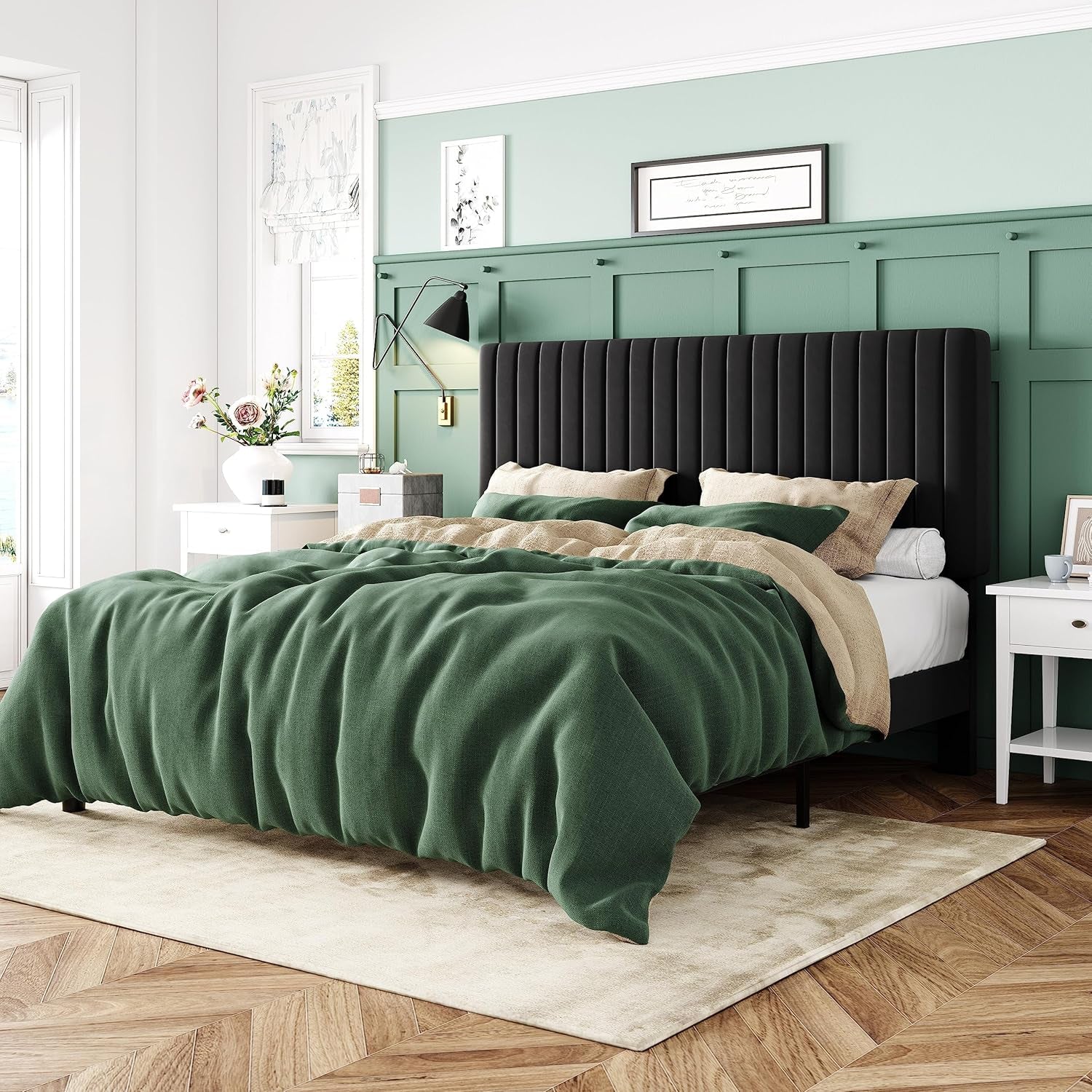 Queen Bed Frame, Velvet Upholstered Platform Bed with Vertical Channel Tufted Headboard, Mattress Foundation with Strong Wooden Slats, Box Spring Optional, Easy Assembly, Black