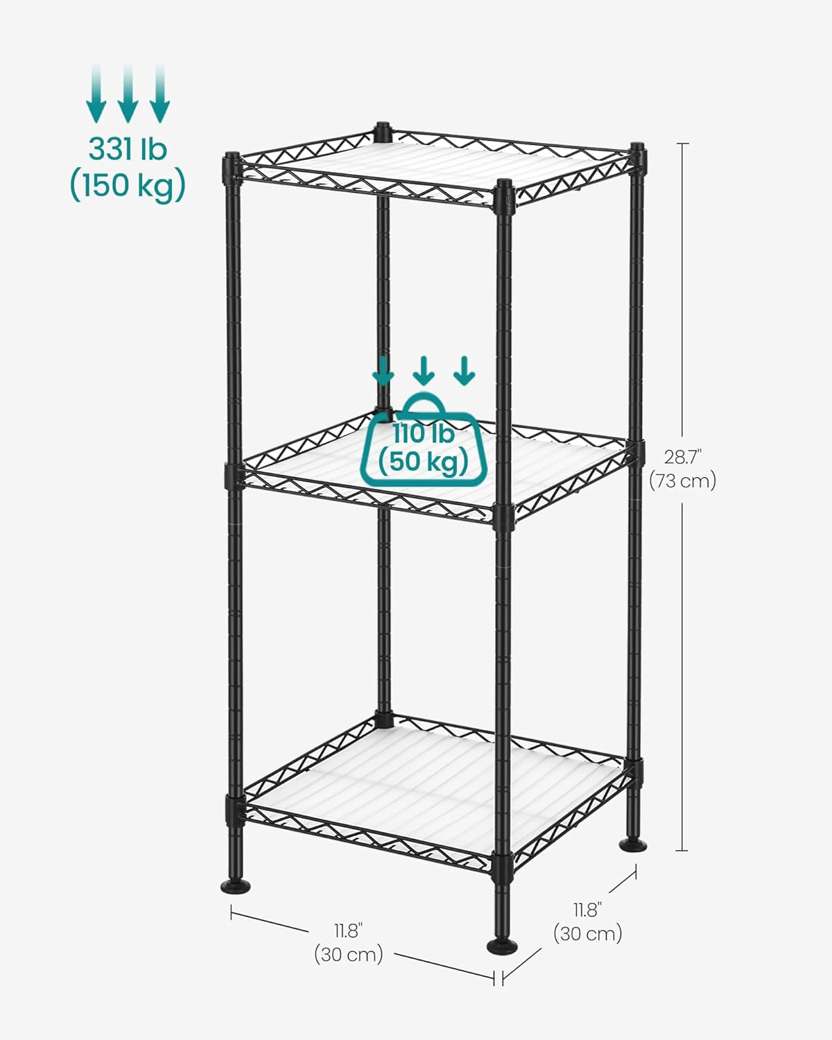 3-Tier Bathroom Shelf, Storage Rack for Small Space, with 3 PP Shelf Liners, Removable Hook, Extendable Design, Ink Black and Translucent ULGR103B01