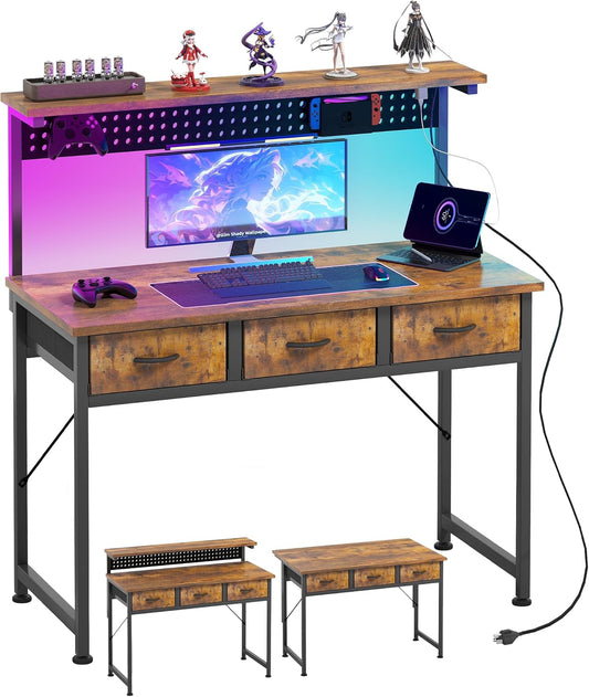Computer Desk with Drawers, 40 Inch Computer Desk with Power Outlet & LED Light, Gaming Desk with Adjustable Monitor Stand & Pegboard, Modern PC Study Writing Table for Bedroom, Rustic Brown