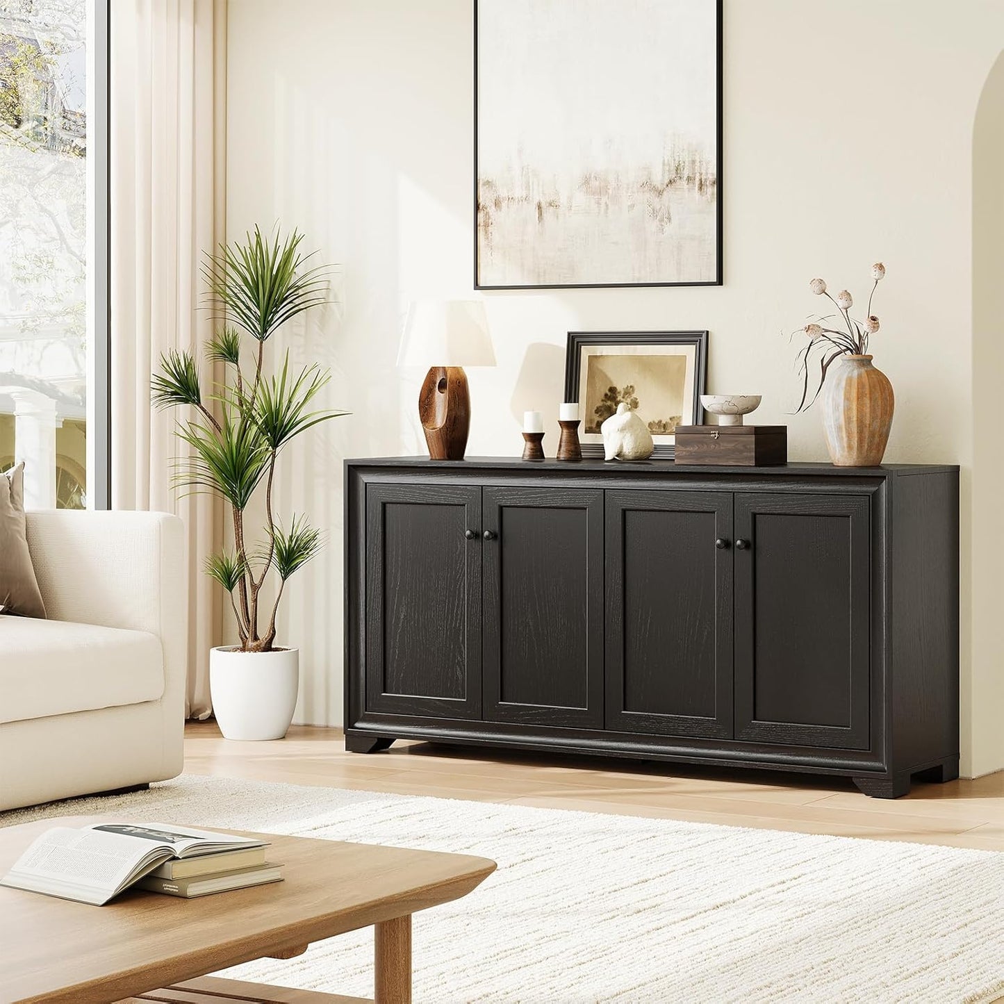 60" Buffet Cabinet with Storage, 4 Doors Sideboard Buffet Cabinet with Adjustable Shelves, Modern Coffee Bar Console Table for Living Room, Kitchen, Entryway, Black