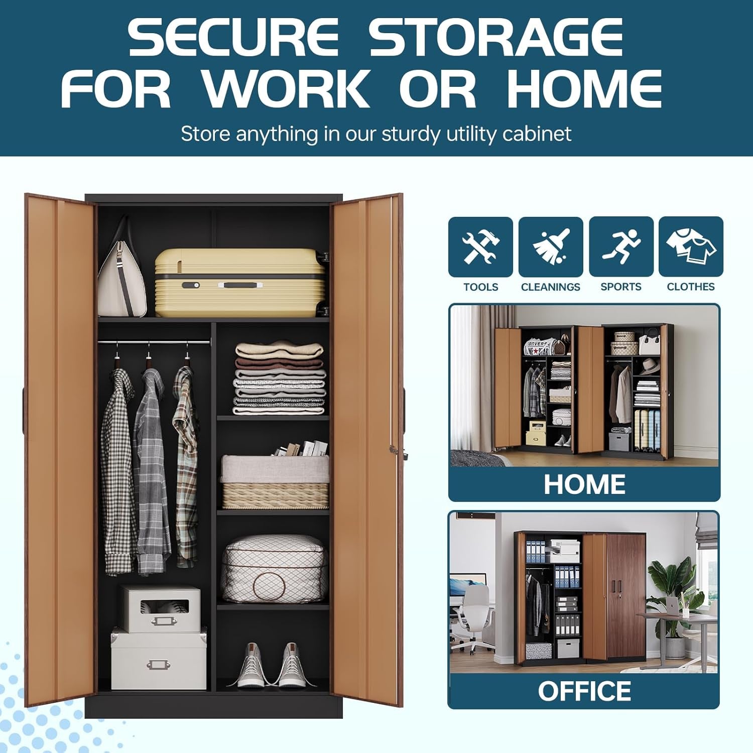 Metal Wardrobe Cabinet with Locking Doors, Metal Storage Armoire Closet for Clothing, 2 Door Woodgrain Locker Cabinet with Adjustable Shelves for Bedroom, Locker Room, Home Office and Garage…