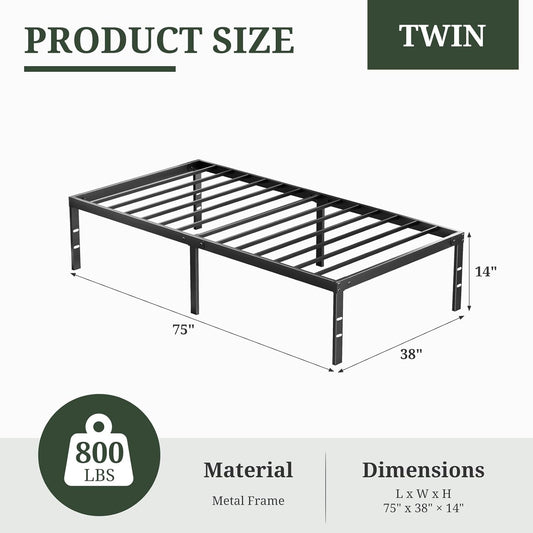 Twin Size Bed Frame, 14 Inch Metal Platform Bed Frames with Heavy Duty Steel Slat Support, No Box Spring Needed, Easy Assembly, under Bed Storage