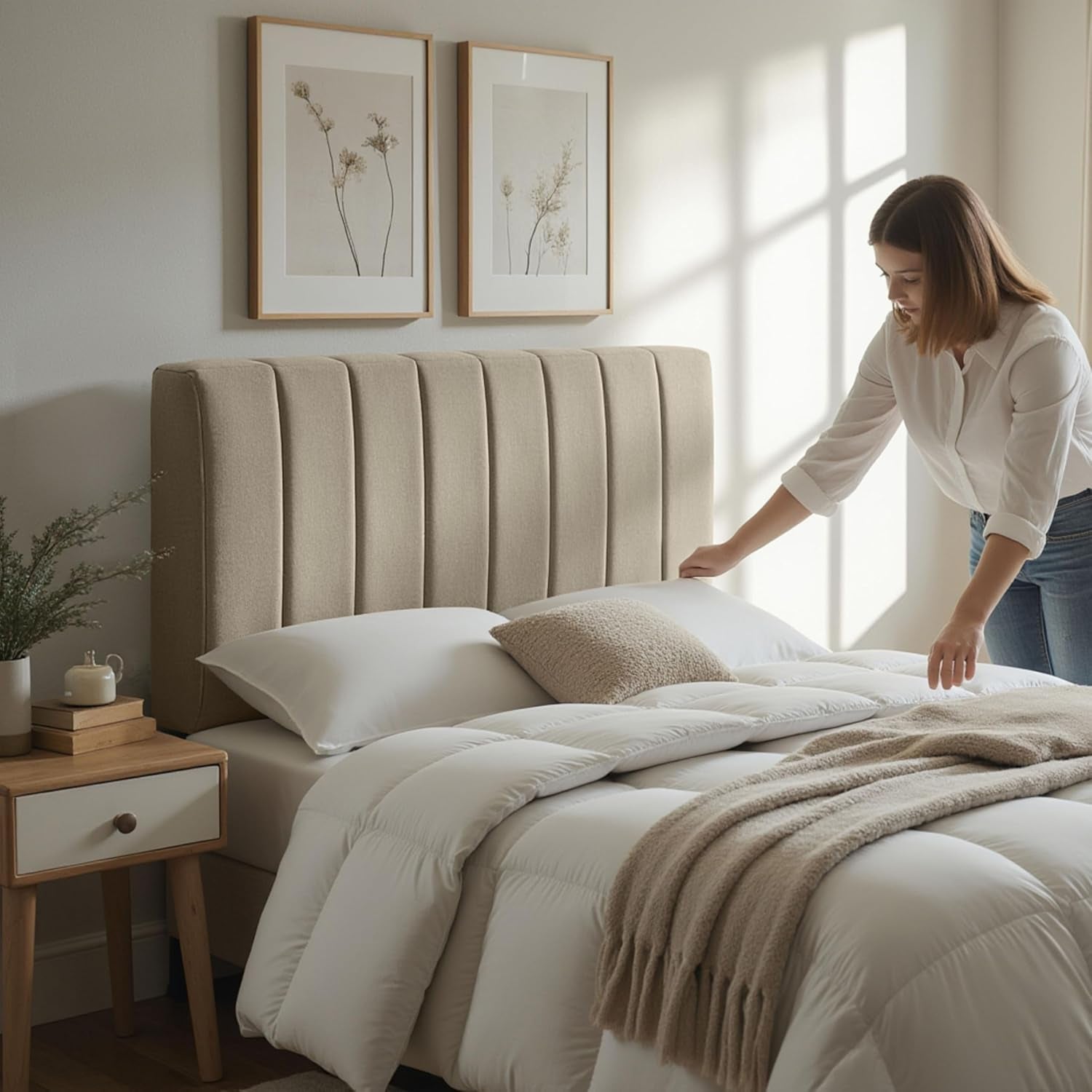 Upholstered King Headboard - Easy Assemble Channel Stitched Headboard King Size Bed - Wall Mounted Headboards with 3D Soundproof Wall Panels Peel & Stick Floating Headboards, Linen