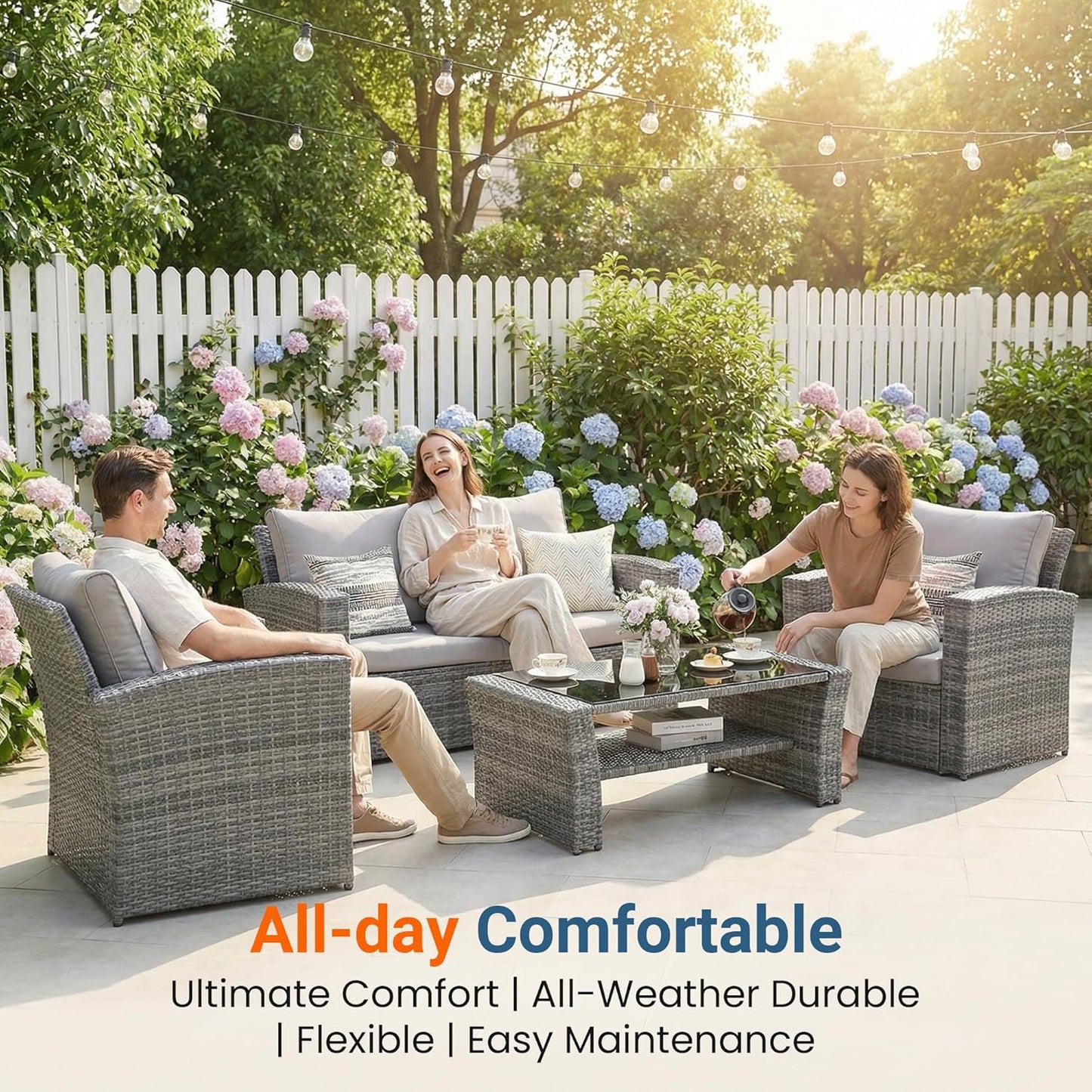 Patio Furniture Set, Wicker outside Outdoor Furniture for All Weather, Patio Sofa with High Backrest Support and Wide Armrest for Backyard, Balcony, Deck, Porch, Light Gray