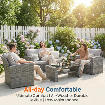 Patio Furniture Set, Wicker outside Outdoor Furniture for All Weather, Patio Sofa with High Backrest Support and Wide Armrest for Backyard, Balcony, Deck, Porch, Light Gray