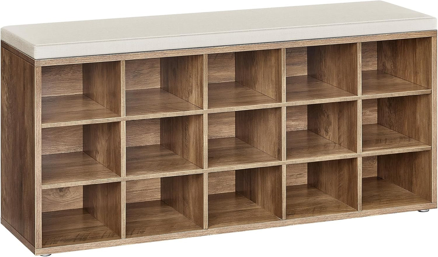 CUSTOS Collection - Shoe Bench, Storage Bench with Padded Seat, Entryway Bench with 15 Compartments, for Bedroom, 11.8 X 41.3 X 18.9 Inches, Honey Brown and Cappuccino Beige ULHS015K02