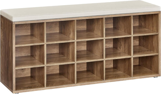 CUSTOS Collection - Shoe Bench, Storage Bench with Padded Seat, Entryway Bench with 15 Compartments, for Bedroom, 11.8 X 41.3 X 18.9 Inches, Honey Brown and Cappuccino Beige ULHS015K02