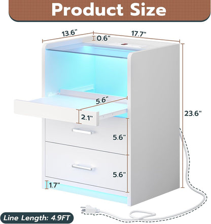 White Nightstand with Charging Station and LED Lights, 2 Drawers LED Night Stand with Tempered Glass Tabletop, Modern End Side Tables with Pull-Out Tray, Open Storage Bedside Tables