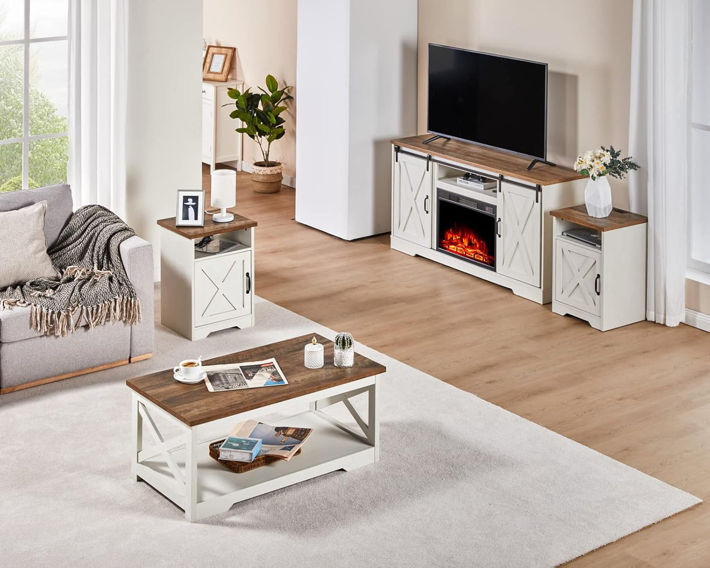 5-Piece Farmhouse Table Set Includes Fireplace TV Stand, Coffee Table& Two End Tables with Charging Station and USB Ports, for Living Room, Distressed White, 59"