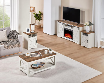 5-Piece Farmhouse Table Set Includes Fireplace TV Stand, Coffee Table& Two End Tables with Charging Station and USB Ports, for Living Room, Distressed White, 59"