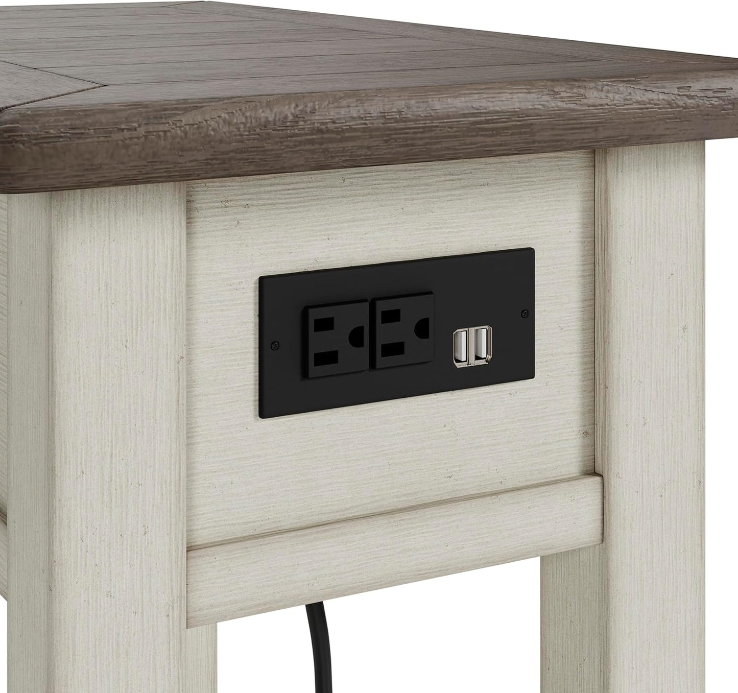 Bolanburg Chairside End Table with Charging Station, Two-Tone Wood Accent Table with Drawer Storage, Plank Top Design for Living Room or Bedroom, Antique White