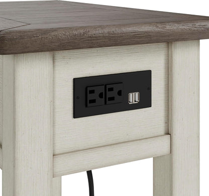 Bolanburg Chairside End Table with Charging Station, Two-Tone Wood Accent Table with Drawer Storage, Plank Top Design for Living Room or Bedroom, Antique White