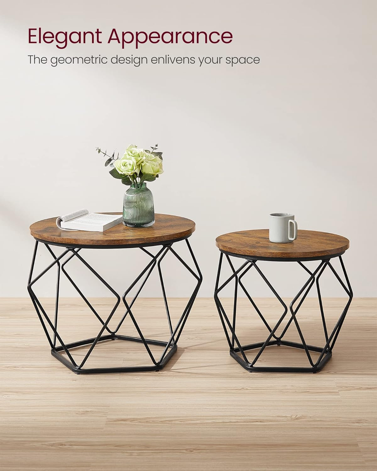 Small Coffee Table Set of 2, round Coffee Table with Steel Frame, Side End Table for Living Room, Bedroom, Office, Charcoal Gray and Ink Black