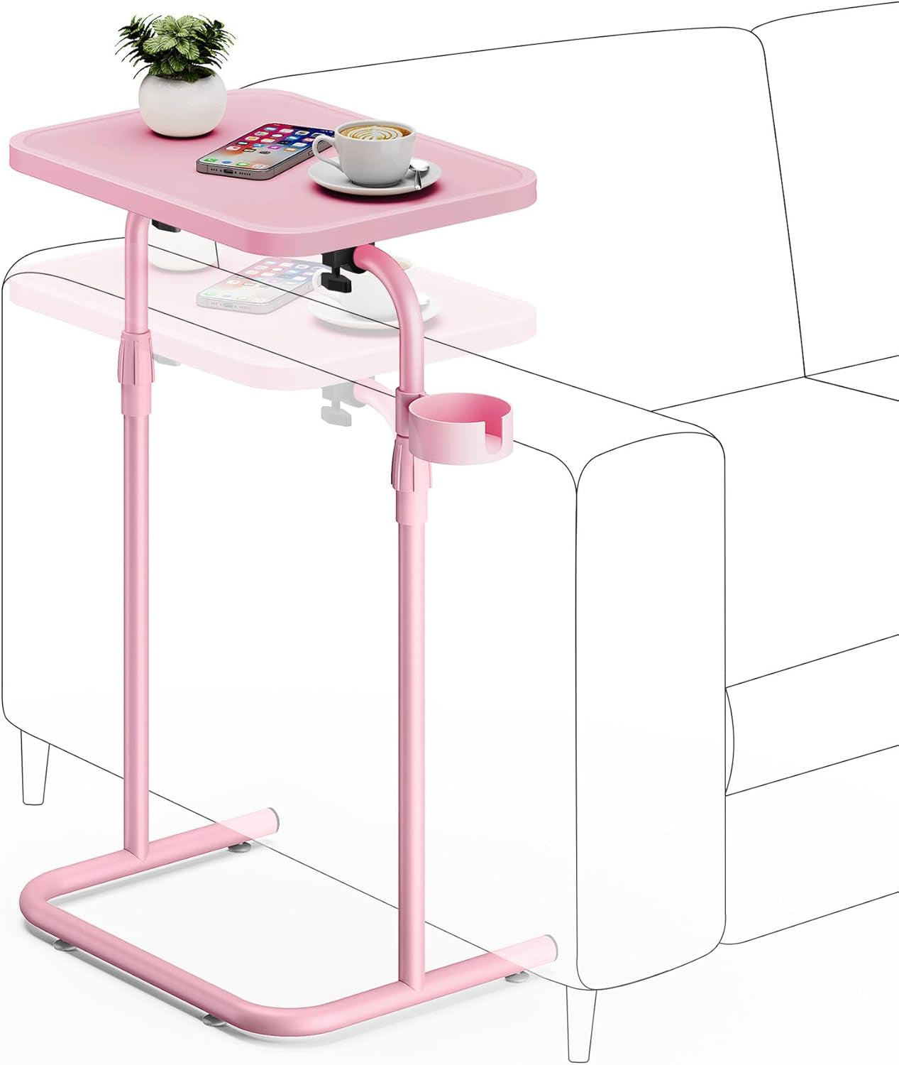 C Shaped End Table with Tiltable Surface, Adjustable Height Side Table, Slide under Couch Table TV Tray for Eating, Sofa Tray for Livingroom, Bedroom Pink TB01BP091