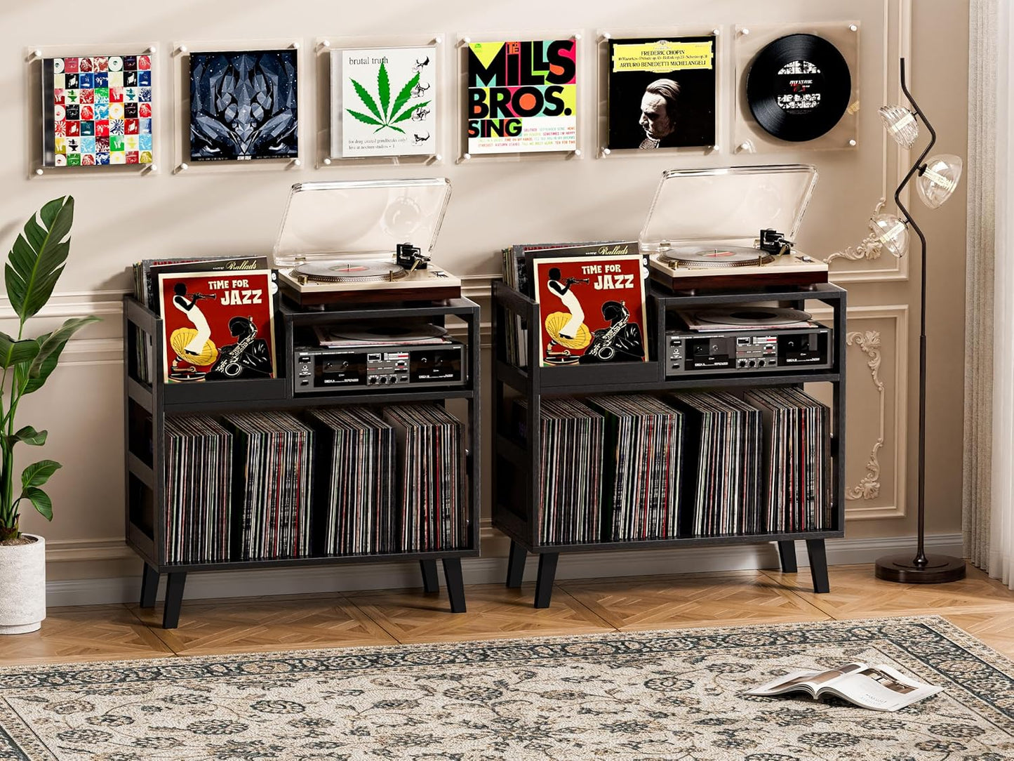 Record Player Stand with Vinyl Storage, Mid-Century Modern Turntable Stand Holds 150+ Albums, Record Player Table with Metal Dividers, Wood Media Console for Living Room (Black, Single-Sided Medium)