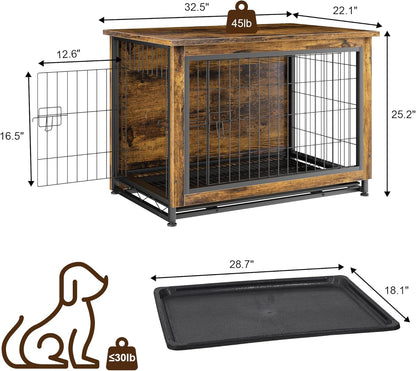 Dog Crate Furniture, Wooden Dogs Crate Table, Double-Doors Dog Furniture, Indoor Dog Kennel, Dog House, Dog Cage/Brown/L