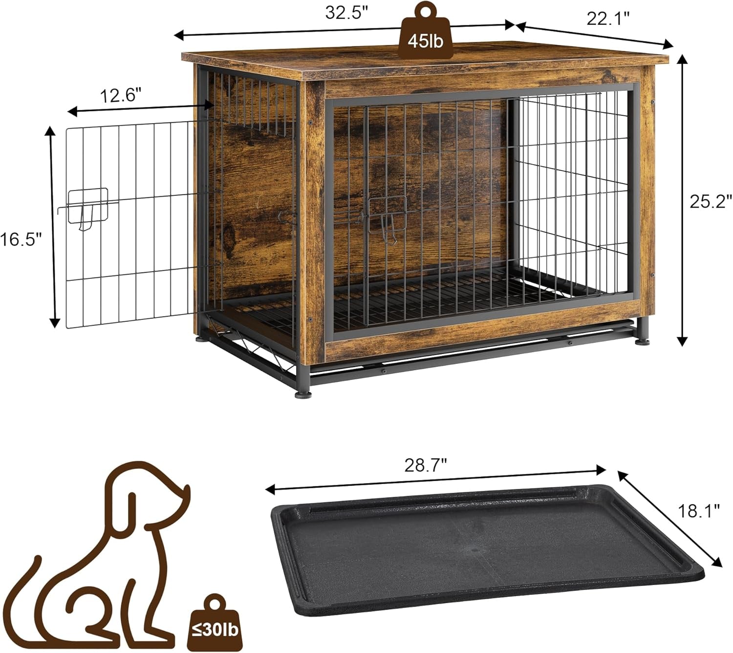 Dog Crate Furniture, Wooden Dog Crate Table, Double-Doors Dog Furniture, Indoor Kennel, Dog Cage/Brown/M