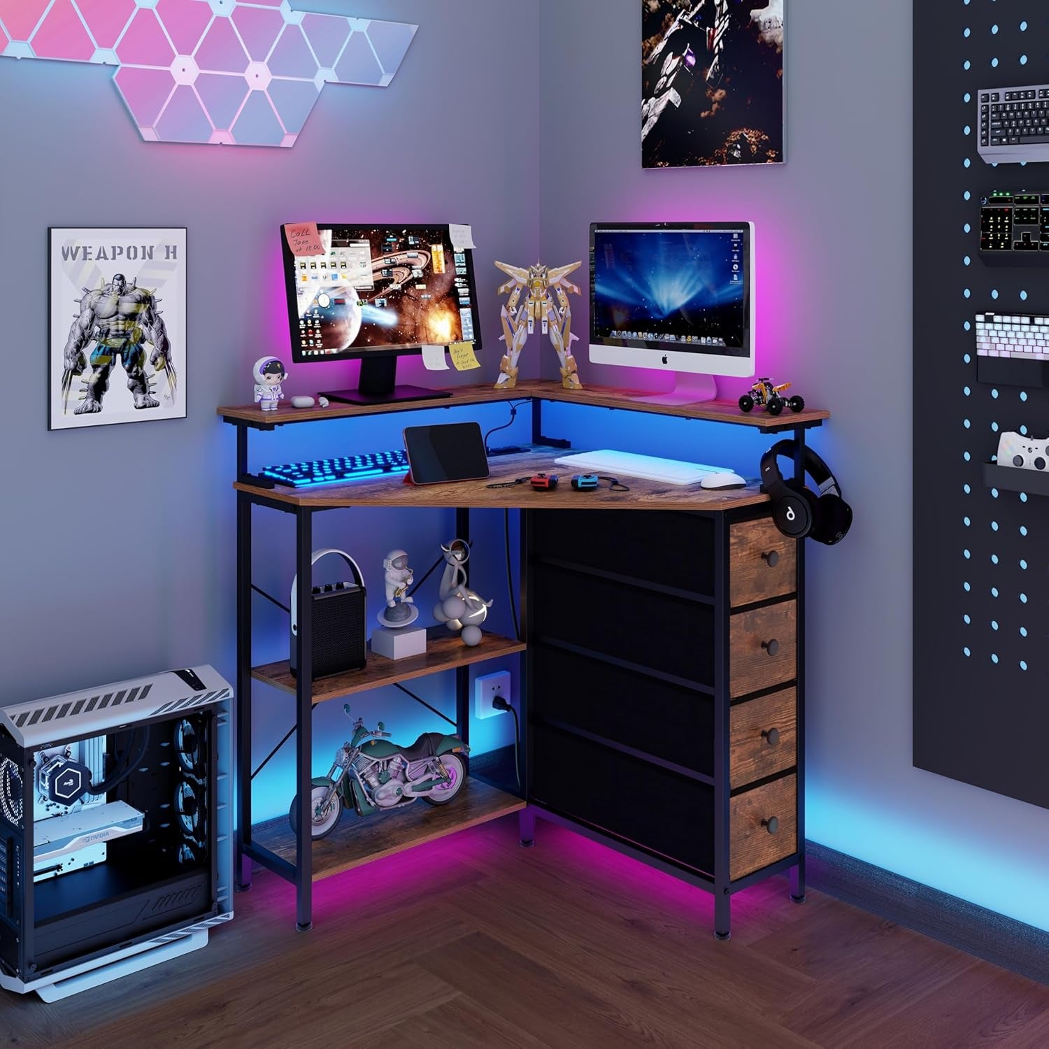 Corner Desk with Drawers Shelves for Small Space 90 Degrees Triangle Computer Desk with Power Outlets,Gaming Desk with LED Lights Monitor Stand for Home Office Workstation Writing Table (Brown)