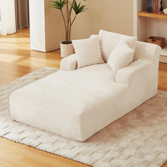 78.7" Chaise Lounge Chair Indoor, Oversized Boneless Couch Comfy Upholstered Sleeper Sofa Bed with 3 Pillows, Corduroy Cloud Reading Chair for Living Room No Assembly Required, White