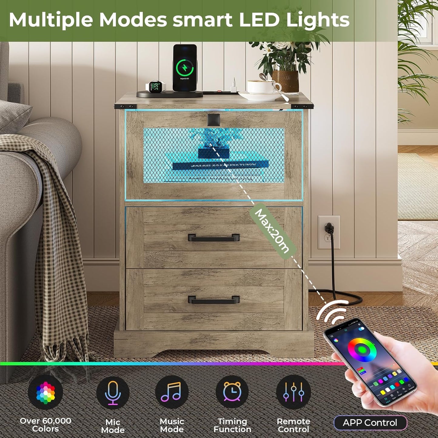 Farmhouse Night Stand with LED Lights and Charging Station, Rustic Oak Nightstand with 2 Drawers, and Cubby with Wire Mesh Door, Bedside End Table for Bedroom