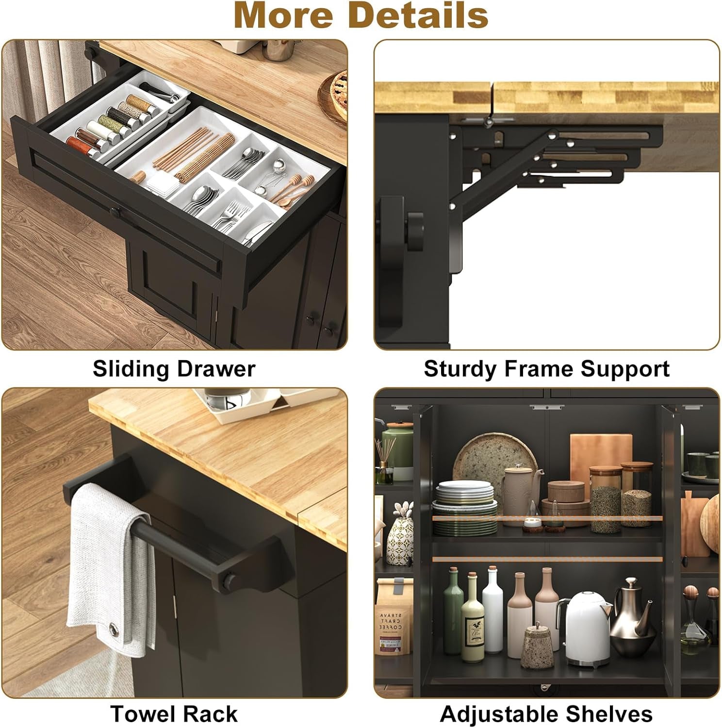 55" W Rolling Kitchen Island with Drop Leaf – Movable Kitchen Carts on Wheels Island with Storage Cabinet, Island Table for Kitchen with Rubber Wood Top and Rack and Drawer, Matte, Black