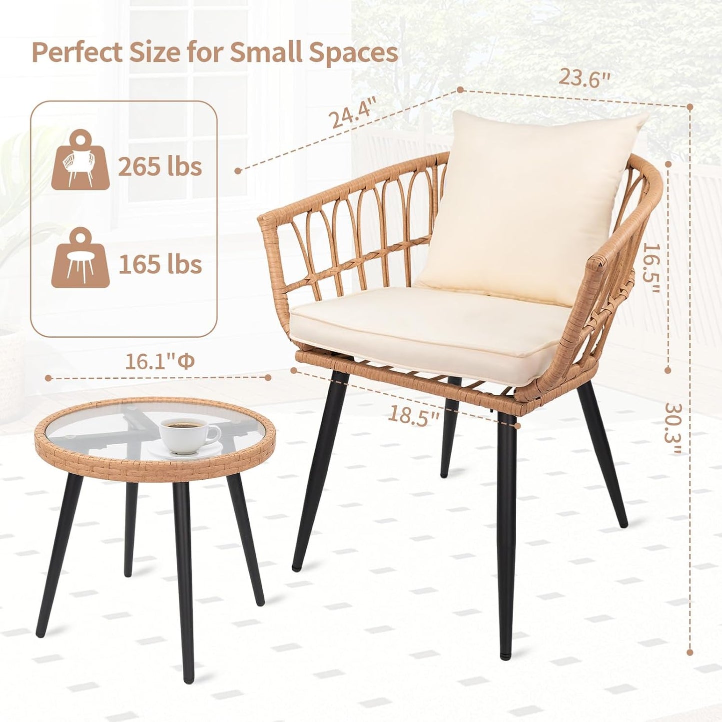3-Piece Patio Dining Set, Featuring a round PE Rattan Table and 2 Chairs, Suitable for Bedrooms, Porches and Gardens All-Weather Furniture Set Includes Tempered Glass, Thick Cushions
