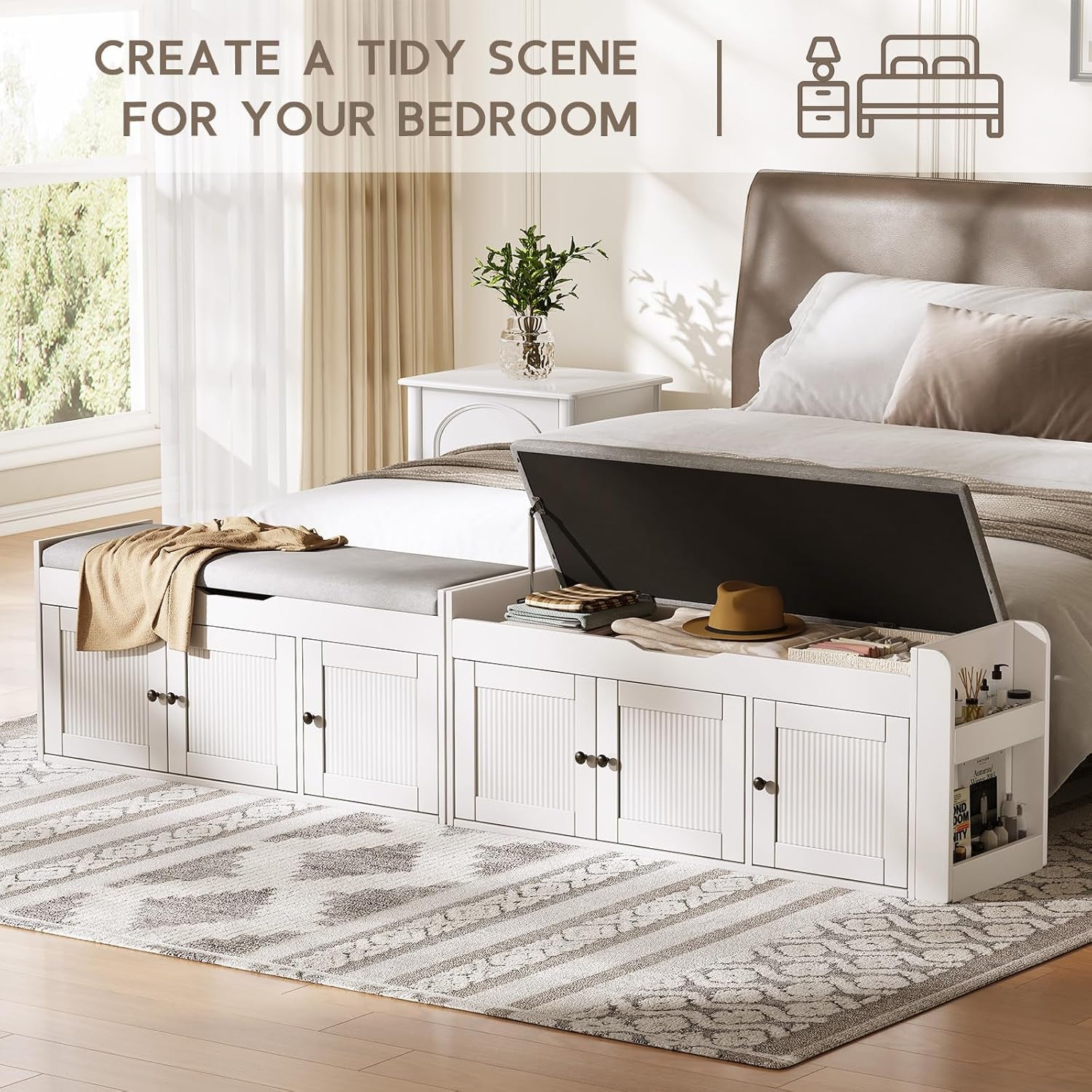 42.6" Storage Bench - Entryway Shoe Bench with Side Storage Shelves and 3 Doors, Multifunctional Entryway Bench with Lift Top Cushion, Shoe Storage Bench for Bedroom, Living Room, White