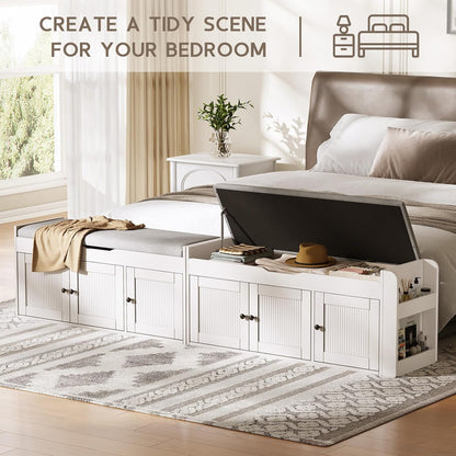 42.6" Storage Bench - Entryway Shoe Bench with Side Storage Shelves and 3 Doors, Multifunctional Entryway Bench with Lift Top Cushion, Shoe Storage Bench for Bedroom, Living Room, White
