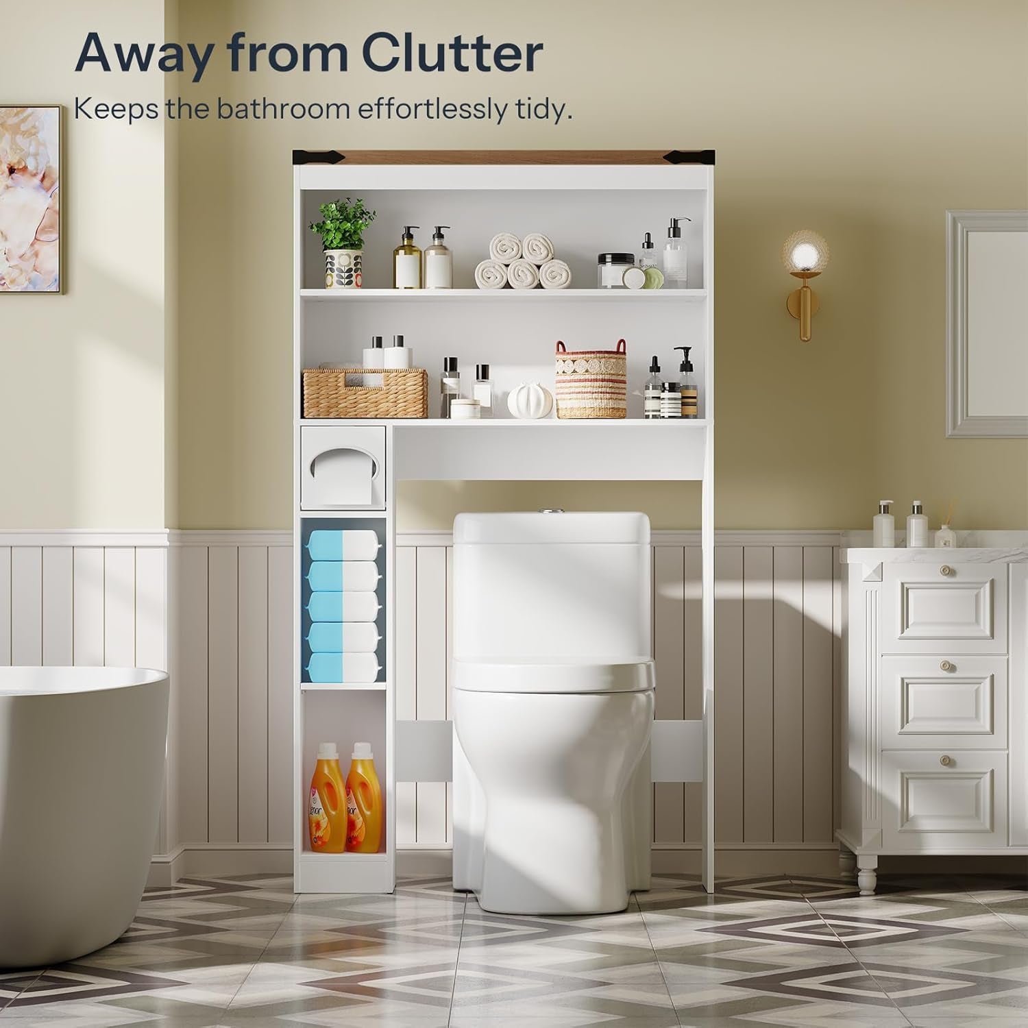 Over-The-Toilet Storage Rack, 3-Tier Freestanding Bathroom Shelves, Wooden Bathroom Organizer with Toilet Paper Holder, Farmhouse Space Saver, Laundry Room, White and Walnut WH20TS01