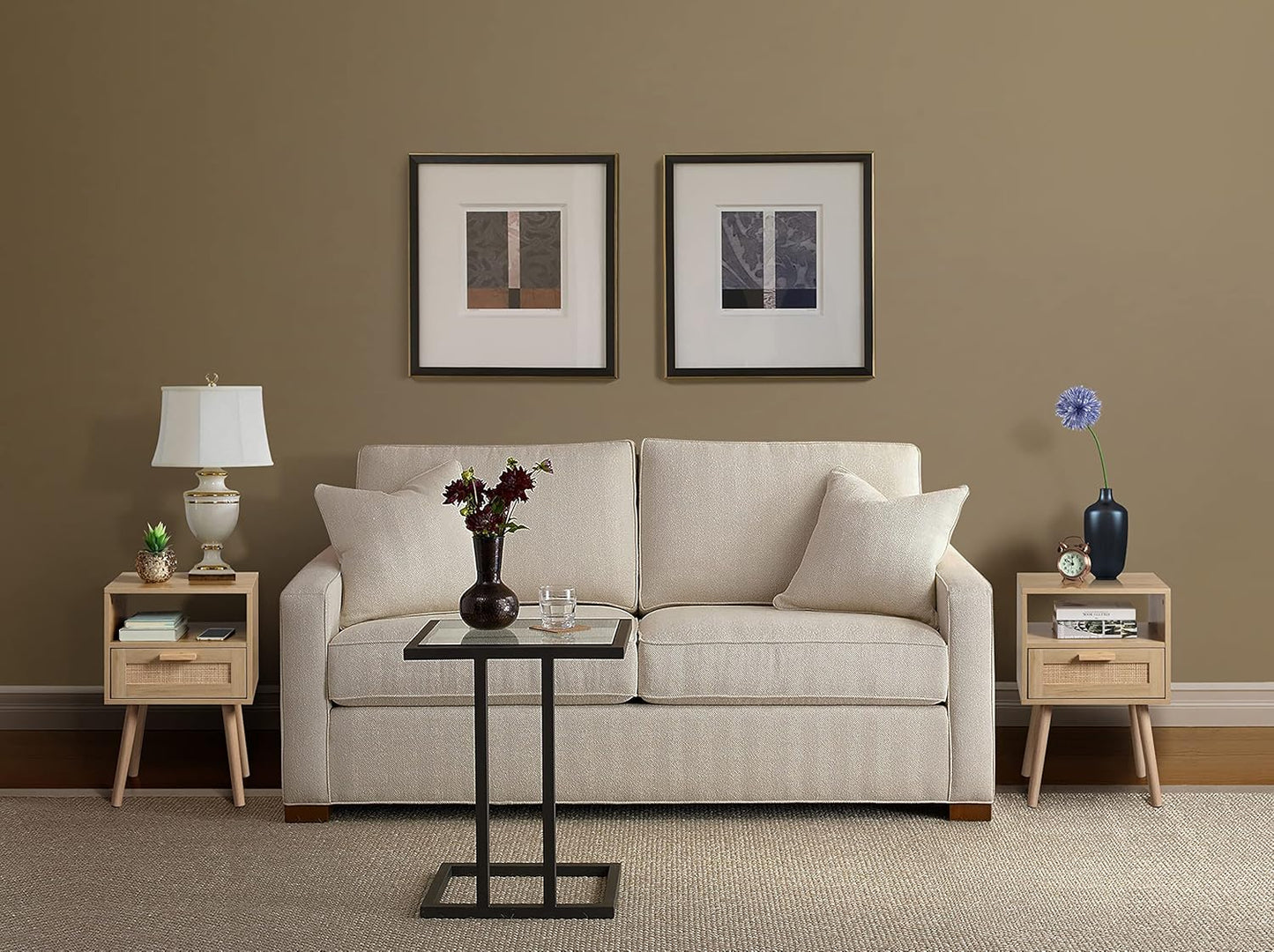 Nightstands Set of 2, End Table, Nightstand, Side Table with Hand Made Rattan Decorated Drawers, Wood Accent Table with Storage for Bedroom, Natural