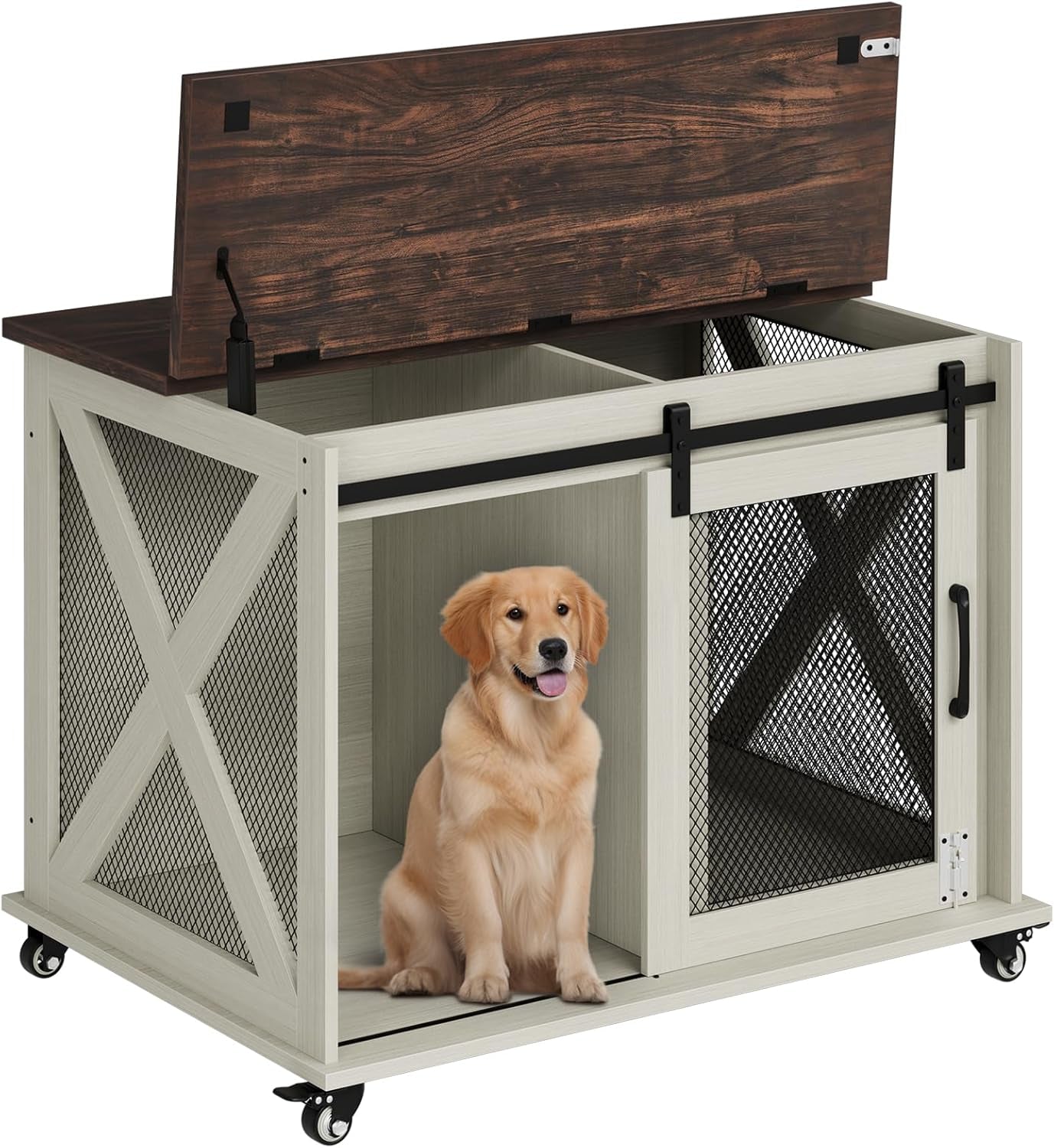 37" Dog Crate Furniture, Side End Table, Farmhouse Dog Crate with Sliding Barn Door, Flip Top Wooden Dog Kennel with Wheels and Movable Divider, Indoor Dog Cage House for Medium Dogs