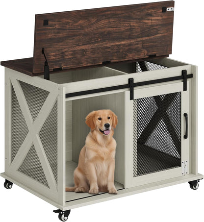 37" Dog Crate Furniture, Side End Table, Farmhouse Dog Crate with Sliding Barn Door, Flip Top Wooden Dog Kennel with Wheels and Movable Divider, Indoor Dog Cage House for Medium Dogs