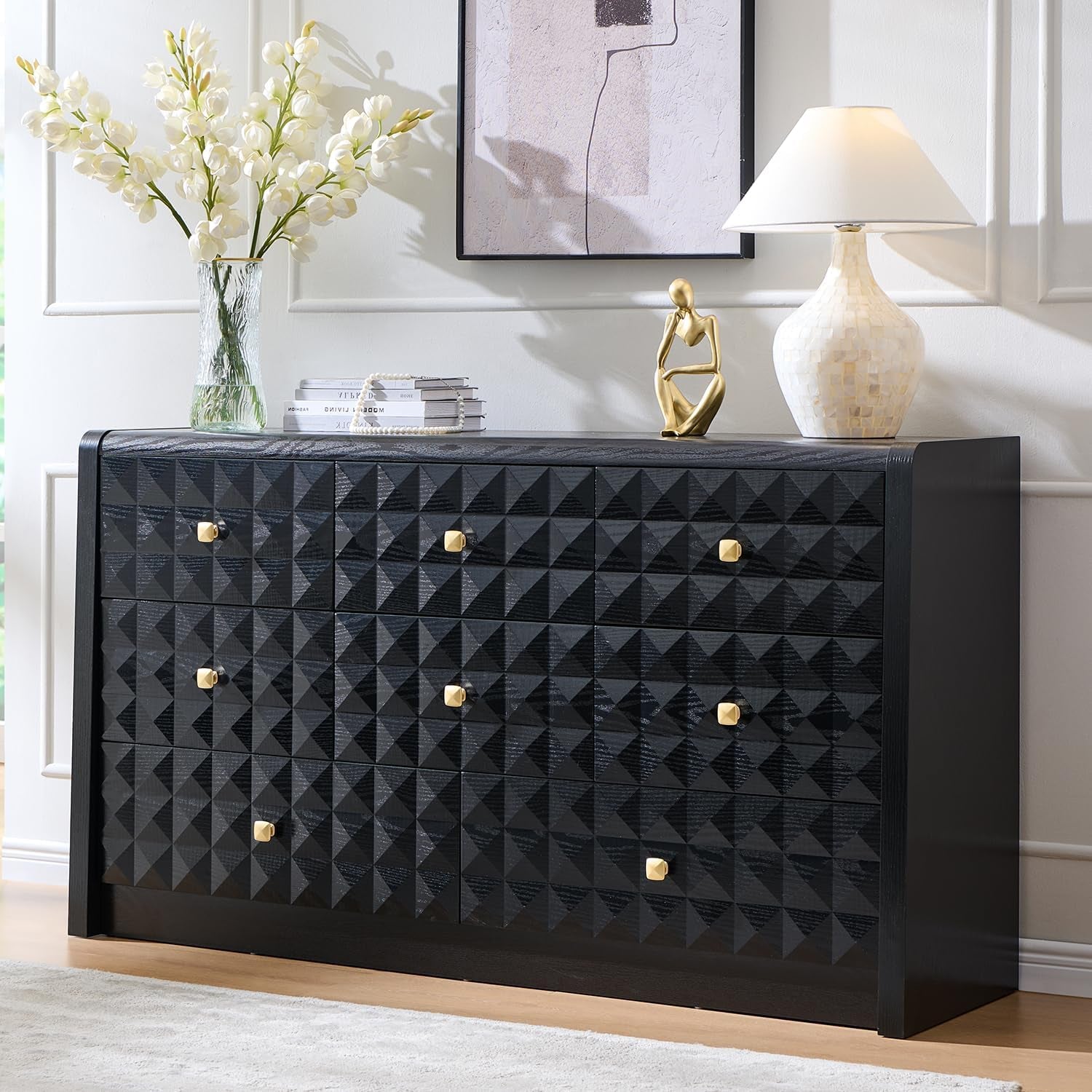 Modern 8 Drawer Dresser for Bedroom, Wooden Large Dressers &Chests of Drawers W/Two Different Drawer Sizes, Mid Century Modern Dresser W/Diamond Panel Decorate for Bedroom, Curved Profile Design,Black