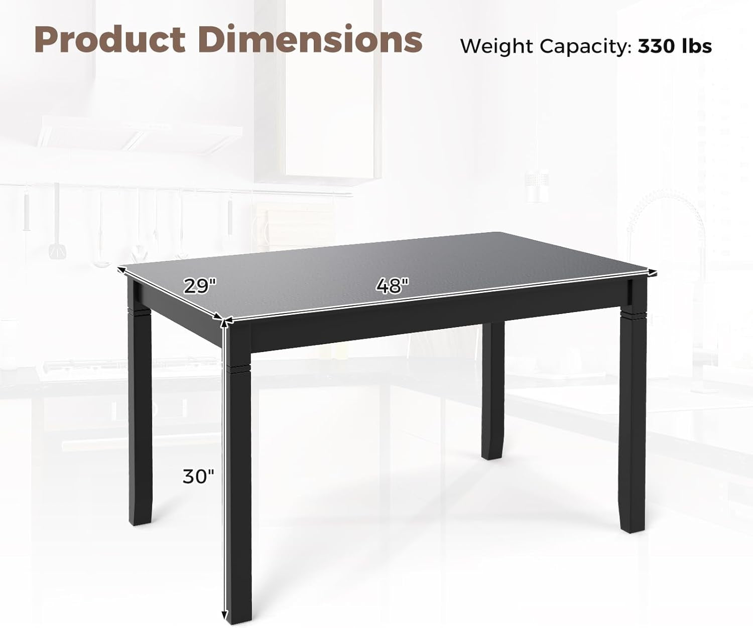 Dining Table for 4 People, 48"X 29" Kitchen Table with Wood Legs, Load 330 Lbs, Rectangular Dinner Table for Small Space, Dinette, Breakfast Nook, Apartment, Living Room, Dining Room (Black)
